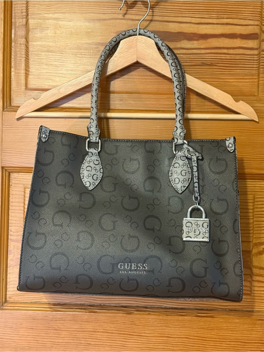 Guess Black and Gray Signature Tote with Padlock Charm